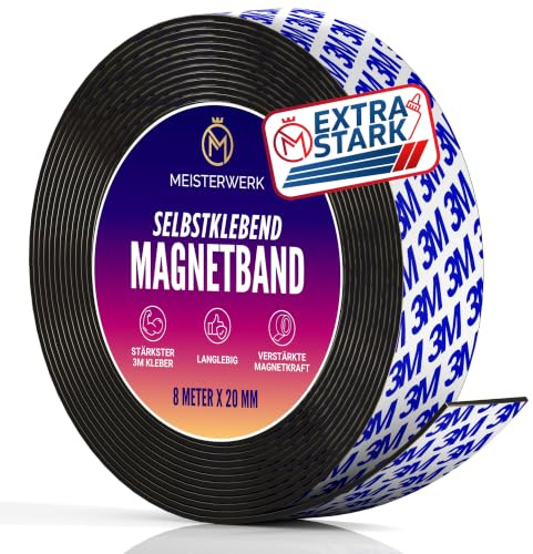 MEISTERWERK Cinta magnética autoadhesiva fuerte – Tiras magnéticas autoadhesivas (adhesivo 3M extrafuerte) – Cinta magnética con fuerza magnética optimizada – Cinta adhesiva magnética