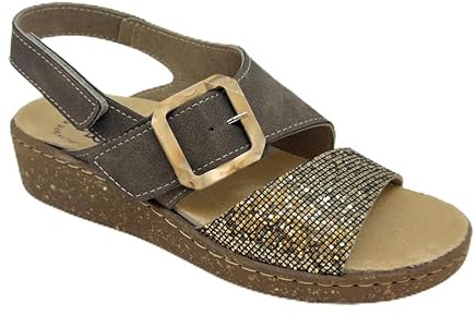 3Rose 391 Sandalo Donna in Ecopelle e Glitter - Doppia Regolazione con Fibbia e Cinturino - Calzata Personalizzabile con Comfort Anatomico - Con Plantare Estraibile in Pelle (Taupe, 40)