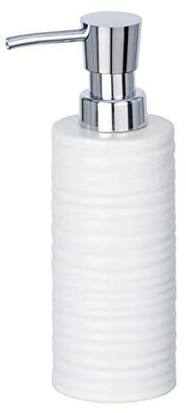 WENKO Seifenspender Mila Weiß Keramik - Flüssigseifen-Spender, Spülmittel-Spender Fassungsvermögen: 0.26 l, Keramik, 6 x 18.5 x 8 cm, Weiß