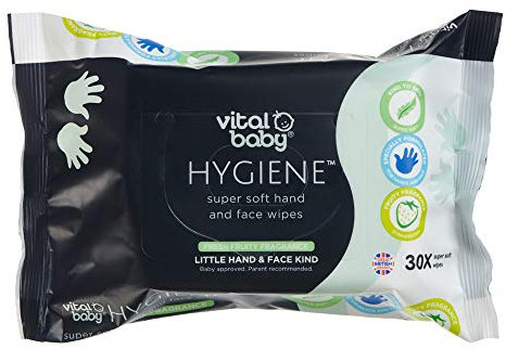 Vital Baby HYGIENE Super Soft Hand and Face Wipes 30 Pack - Gentle Cleansing Wipes, Fresh Fruity Fragrance-Free, Hypoallergenic, Alcohol-Free – Sensitive newborn skin – Use before and after mealtime