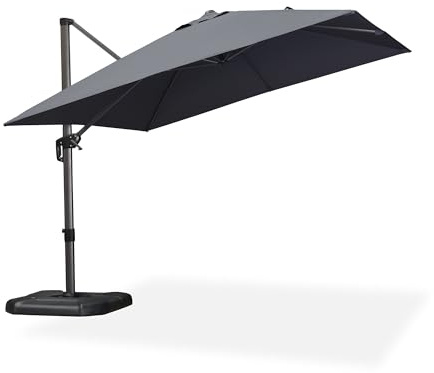 PURPLE LEAF Sonnenschirm 300 × 300 cm Groß mit Kreuzfuß Sonnenschutz, Grau | Alu Ampelschirm, Rostbeständig & Langlebig, Kurbelöffnung & 360° Fußpedal-Drehung, Einfache Bedienung, Flexibel Verstellbar