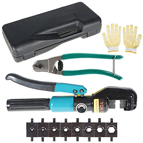 findmall 10 Tonnen Hydraulischer Draht Batteriekabelschuh Terminal Crimper Crimpzange Werkzeug mit 9 Paar Schneideisen und Kabelschneider für 1/8 Zoll bis 3/16 Zoll Edelstahl Kabelgeländer Armaturen