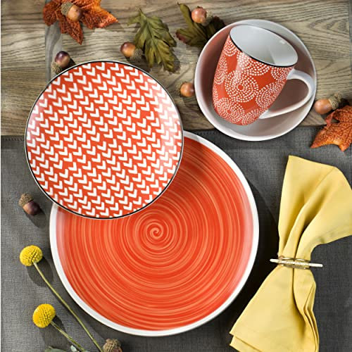 Euro Ceramica Simpatico 16 Piece Stoneware Dinnerware Set ; Opulent Orange ;Service for 4; Geometric Modern Pattern ; Microwave & Dishwasher Safe, Durable