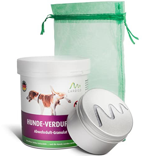 Gardigo Hundeschreck Granulat - Hunde-Verdufter Set mit Organza-Säckchen und Metalldose | 300g | Mit Geraniol I Made in Germany I Hundeabwehr für Haus, Garten | Hundevertreiber für draußen