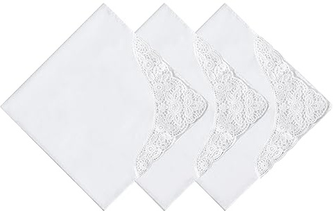 HOULIFE Taschentücher Hochzeit – Kleine Stofftaschentücher Damen, Taschentuch Hochzeit aus Gekämmte Baumwolle Weich Weiße Blumen Stickereien mit Spitzen, 35x35cm (Weiß 2, 3 Stücke)
