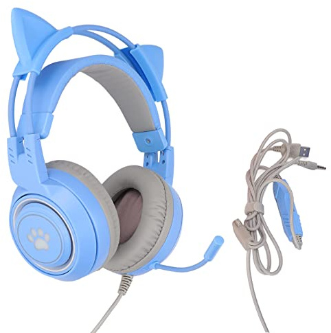 Elprico Casque de Jeu, Oreille de Chat Détachable USB + Prise 3,5 Mm, Casque de Jeu Prend en Le Réglage du Volume du Microphone Muet pour, pour One(Bleu)