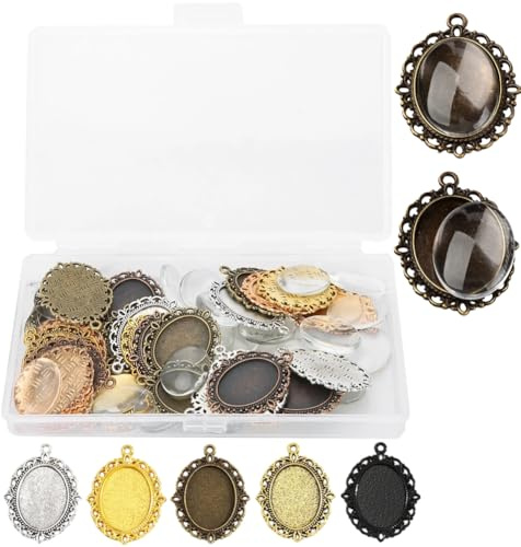 Hapivida Lünette Anhänger Tablett, 5 Farben Oval Glas Cabochon Rohlinge Set mit 60 Stück für DIY Schmuckherstellung und Geschenke