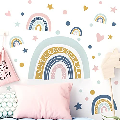WandSticker4U®- Wandtattoo REGENBOGEN Kinderzimmer pastell blau/rosa/grün I Wandsticker Regenbogen Sterne Herz Rainbow I Wandaufkleber Kinderzimmer Deko Mädchen Junge Wanddeko Babyzimmer