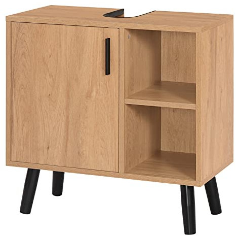 EUGAD Mobile per Bagno Salvaspazio, Mobiletto Sottolavabo, Armadietto per Bagno da Terra con Porta e 2 Ripiani a Giorno, Gambe Rialzate, in Truciolare e Metallo, L60xP30xH60,5cm