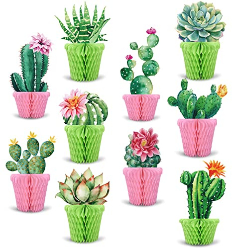 Whaline 10Pcs Cactus Honeycomb Table Centerpieces Potted Succulent Paper Decor Green Pink Summer Blooming Cactus Decorations for Mexican Fiesta Hawaiian Luau Cinco De Mayo Birthday Baby Shower