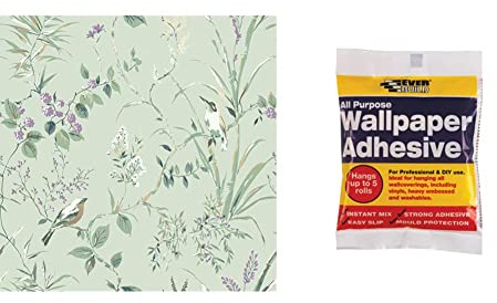 CROWN Mariko Mint/Plum Wallpaper & Everbuild All Purpose Wallpaper Paste Adhesive, Hangs Up to 5 Rolls
