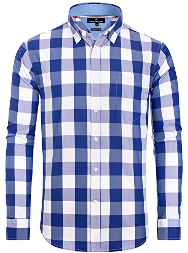 Alimens & Gentle - Camisas a Cuadros para Hombre, de Manga Larga, de algodón, Ajuste Regular, Camisas de Cuadros, Azul, Buffalo Check, XL