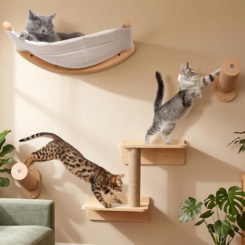 Katzen kletterwand Set mit Wandstufen, Katzenliege&Kratzbrett | 5-teiliges Katzenkletterwand Set,Ideal zum Schlafen, Spielen und Entspannen, platzsparende Innen-Katzenmöbel für jede Wohnung