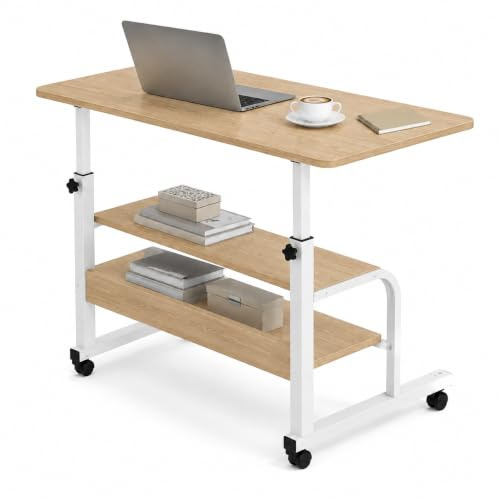 JANDTEK Mesa Portátil para Ordenador con Ruedas – Escritorio Auxiliar Regulable en Altura – Mesa Pequeña con Estante Inferior para Espacios Reducidos (Roble 60x40)