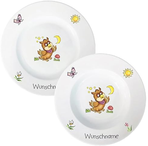 Kindergeschirr Eule Speiseservice 2-tlg. Suppenteller und Speiseteller Kinder Service Set aus Porzellan personalisierbar mit Wunschname Name Kindergeschirr mit Namen personalisiert