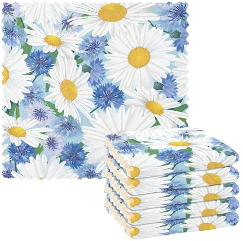 Microfibre Cleaning Cloths White Daisy Flower on Blue Reusable Dish Cloths for Washing Up 6 Pack Swedish Dishcloth Microfibre Cleaning Towels Washable Duster Rags Cloth Home