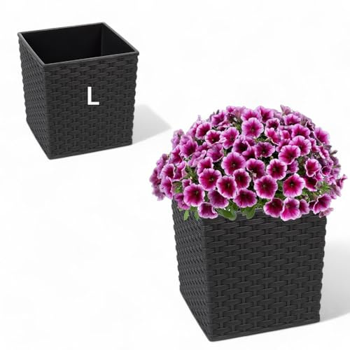 MELTOM Pflanzkübel aus Kunststoff in Rattan mit Herausnehmbaren Einsatz (Schwarz, L-26cm)
