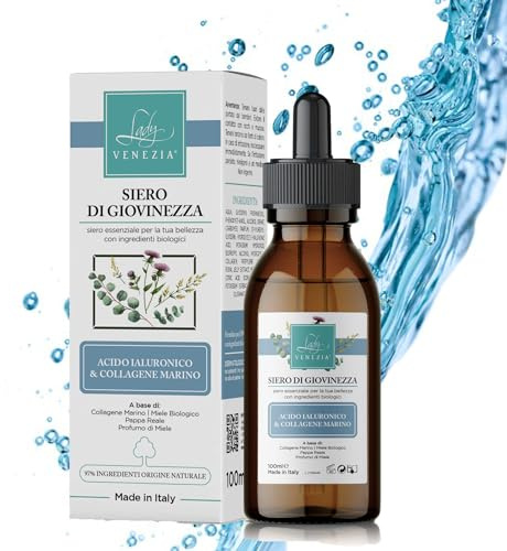 Sérum Visage I Hydratant à l'Acide Hyaluronique et Collagène Marine I Format 100 ml I Adapté à Tous les Types de Peau, Même Sensibles I Lady Venezia I Made in Italy (100 ml, Collagène Marin)