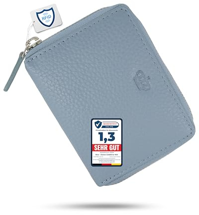 Baur Damen Geldbörse Echt Leder Geldtasche | Mini-Geldbeutel mit RFID Schutz | kleines Portemonnaie mit 6 Kartenfächer | Schein- & Münzfach | Rundumreißverschluss (Silber Reißverschluss, Tauben-Blau)