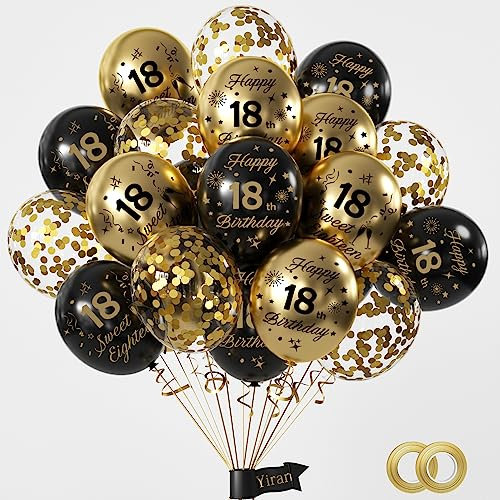 Schwarz Gold 18 Geburtstag Deko Set - 15 Stück Luftballons für Junge Mädchen, Happy Birthday Ballons für Party Dekoration, 18 Jahre Geburtstagsparty