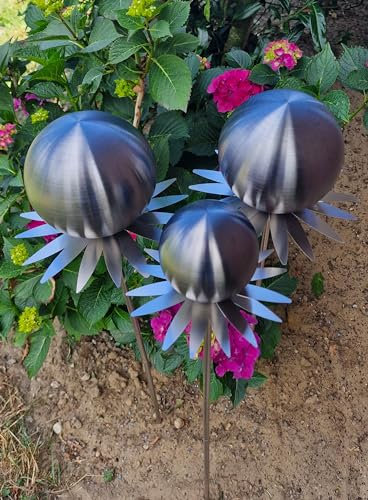 Jürgen Bocker Garten-Ambiente Blütenzauber Milano 3er Set Rosenkugel 15/15/10 cm Edelstahl Gartenstecker Deko mit Stab 80 cm (schwarz matt)