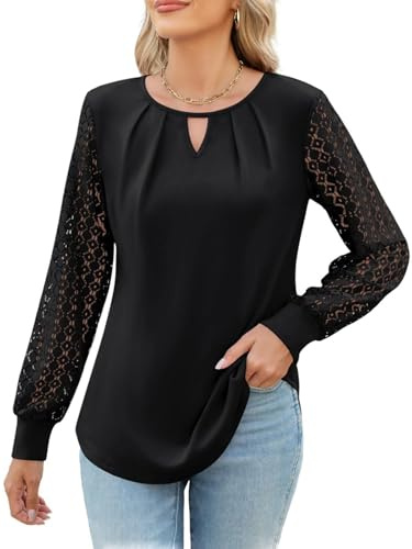 HAWILAND Chemisier à col en V pour femme - Élégant - Dentelle transparente - Manches bouffantes - Haut à manches longues - Décontracté - Tunique longue avec plis, Noir , L