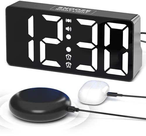 Mesqool Reloj Despertador con Vibración, Despertador Vibrador para Personas Que Duermen Mucho, Adolescentes sordos con discapacidad auditiva, Reloj Despertador Doble, Pantalla Grande, Luces