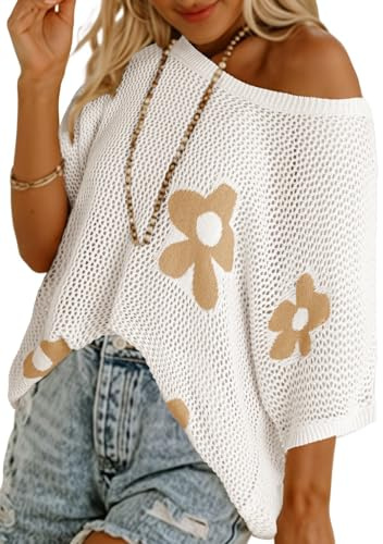 Dokotoo Womens 2026 Floral Summer Crochet Hollow Out Cute Tops Sweaters Tops Spring Off Shoulder Pullover Shirt Lightweight Knit Sweater Blouse Bathing for Women,White Large