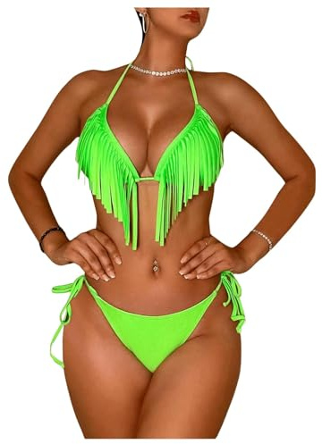 WDIRARA Women's Fringe Trim Halter Triangle Tie Side Bikini 2 Piece Thong Swimsuit Green Small
