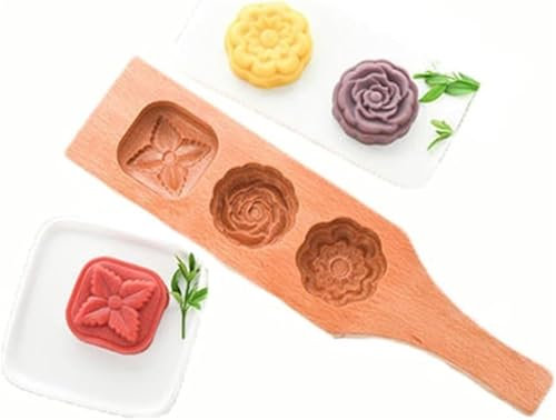 Festival Hand Press Moon Cake Mould,Maker Molder Baking Flower Cutter 3 Capacities Wooden Making Mung Bean Ice Skin Tools for Homemade Muffin Pumpkin Pie Cookie