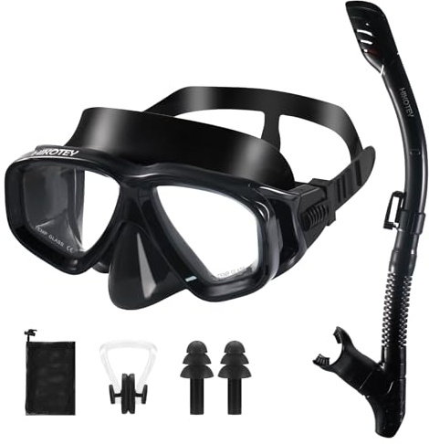 HIKOTEY Schnorchelset Erwachsene,Taucherbrille Schnorcheln Erwachsene Set mit Panorama-Weitblick Tauchmaske, Anti-Leck Schnorchelmaske für Schnorcheln, Schwimmen und Tauchen (Schwarz)