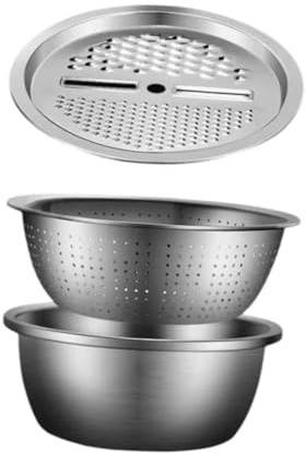 Fenteer Multifunction Stainless Steel Basin with Grater 3 in 1 Kitchen Gadgets Drain Basket Ginger Grater for Cheese Carrots Garlic, 28CM