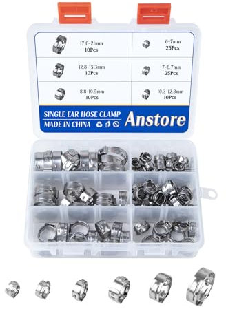 Anstore Schlauchschellen Edelstahl Set 90 Stück Hose Clamp 6-21mm Spannbereich, 6 Größen Rohrschellen mit Sortierbox ﻿Mit Hangloch, Einohr-Schlauchschellen Anpassen an Verschiedene Schläuche und Rohre