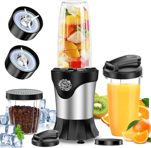 Personal Smoothie Blender, 800 W Portable Smoothie Maker with 600 ml & 200 ml Cups, Single Serve Juice Blender with Spout Lids for Vegetables Nuts Protein Shakes Crush Ice & Frozen Fruit