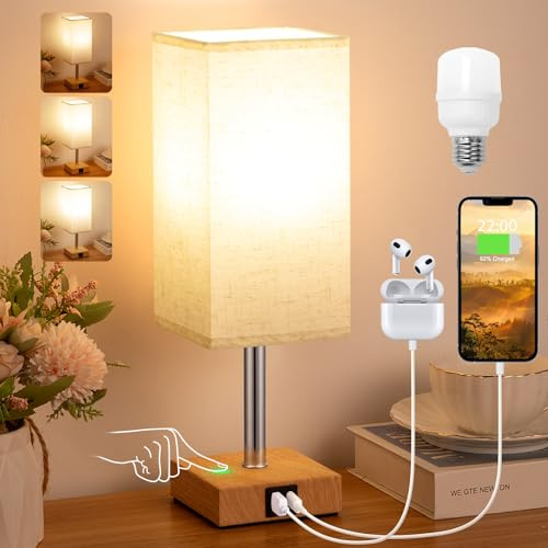 Aooshine Bedside Lamps, Table Lamp for Living Room Bedroom, Touch Lamps Bedside with USB A+C Charging Ports, Dimmable Bedroom Lamp with Fabric Shade for Kids Room, Study, Dorm, Office(Bulb Included)