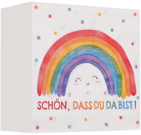 80 Stück Servietten (33 x 33 cm) 'Schön, dass du da bist!' 2 lagig Servietten Partyservietten Catering Tischdeko für Geburtstage, Partys und Feiern mit schönem Regenbogen Lächelndes Gesicht