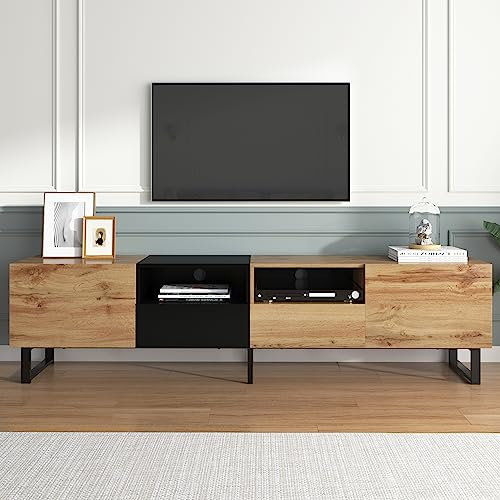 Wumagin 190 cm Meuble TV Noir et Bois, Armoire TV de Style Industriel avec Un Grand Espace de Rangement et Une Construction Robuste pour Le Salon