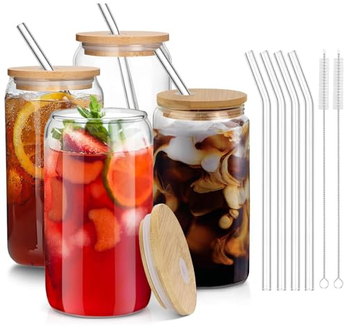 MeianJu 4 Pack Glass Cups with Lids and Straws, 500ml Reusable Iced Coffee Cup Set with Bamboo Lids, Glass Straws Drinking & Brush