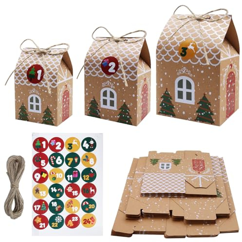 Noviatrix 24 Pièces Calendrier de L'avent Maison, Rembourrable Boite Noel a Remplir Trois Tailles Calendrier Avent vide Comprend des Autocollants Numérotés de 1 à 24 Convient pour Noël
