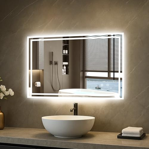 AllRight Badspiegel mit Beleuchtung, Wandspiegel mit LED-Beleuchtung, Entfoggen-Funktion, Bluetooth, 3 Farbtemperaturen (Beschlagfrei+ 3 Lichtfarbe+ Dimmbar(90 * 70cm))