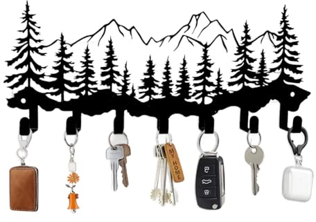 Schlüsselbrett, Schlüsselhalter Wand, Schwarzes Schlüsselhaken Metall mit Berg und Baum Design, Modern Schlüsselaufhänger für Eingang Flur Küche Vorhaustür zum Aufhängen Schlüsseln Regenschirmen