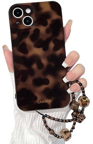 NITITOP Compatible with iPhone 13 Case Leopard Print Tortoise Brown Amber Pattern with Chain Lanyard Wrist Strap for Girls Women Men Boys Shockproof Protective Cover - Brown