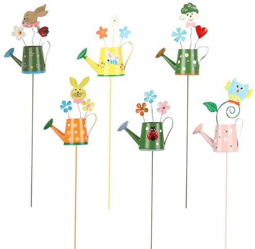 Frühlingsdeko Gartenstecker Metall Gießkanne, Blumenstecker Gartendeko für Draußen Wetterfest, Frühlingsdeko Bunte Gartenstecker Gartenpfähle Metall Blumenpfähle für Garten Hof Outdoor Deko (6pcs)