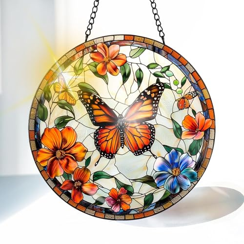 VAIIEYO Fjäril solfångare målat glas fönster hängande prydnad, handgjord solfångare blomdekoration med krokar för fönster trädgård hem, mors dag och födelsedag inflyttningspresent (20 cm)