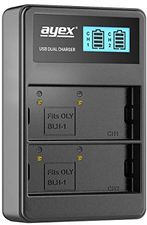 USB Dual Ladegerät für Olympus BLH-1 Akkus beleuchtetes Display Ladestandanzeige