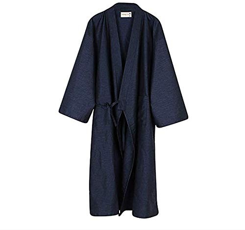 100% Cotton Kimono Robe Wrap Men Bathrobe Dressing Gown Pajamas Yukata Nightdress Loose Comfy Sleepwear Bath Wrap Spa Swim Cover up Home Casual Wear with Pocket Waist Belt Navy Blue
