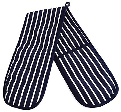 Double Oven Gloves Butcher Stripe Quilted Cooking Pot Holder Heat Resistant Mitt - Navy Blue