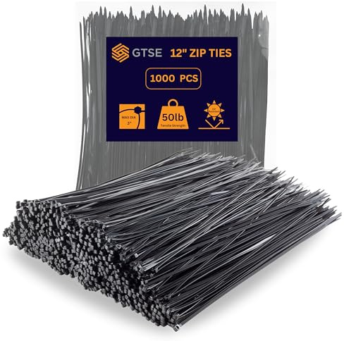 GTSE 12 Inch Black Zip Ties, 1,000 Bulk Pack, 50lb Strength, UV Resistant Long Nylon Cable Ties, Self-Locking 12 Tie Wraps