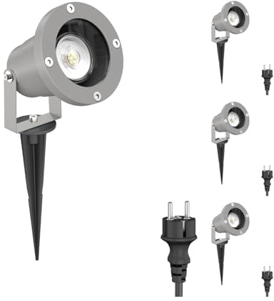 ledscom.de 4x Gartenstrahler DUK mit Erdspieß für außen, IP65, Stecker, grau, inkl. GU10 LED 510lm warmweiß