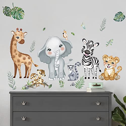 decalmile Wandsticker Tiere Dschungel Wandtattoo Safari Tiere Elefant | Abziehbare und Aufklebbare Wandaufkleber, DIY Abnehmbare Wandkunst Abziehbilder, Wandfreundlich, Leuchtenden Farben